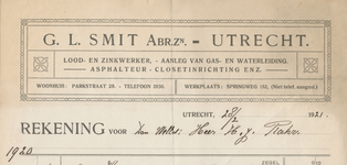 712065 Kop van een nota van G.L. Smit Abr.Zn., Lood- en Zinkverwerker, Aanlegger voor Gas- en Waterleiding, Asphalteur, ...